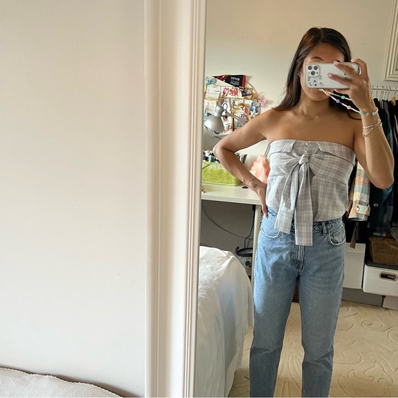 Anthropologie Strapless Front Tie Plaid Buttondown - Picture 10 of 13